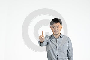 Asian young man touching imaginary screen