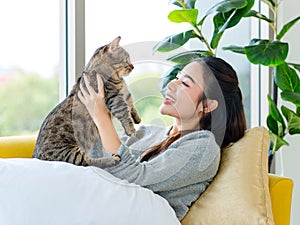 Asian young pretty cheerful female teenager girl in sweater laying lying down with pillows on cozy sofa couch smiling look at