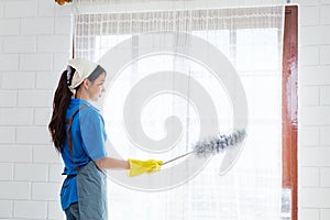 Asian young professional cleaning service woman worker working in the house. The girl cleans the curtain and window.