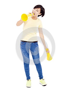 Asian young student girl standing and holding megaphone