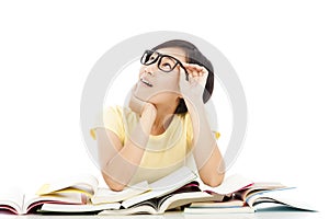 Asian young student girl thinking with book