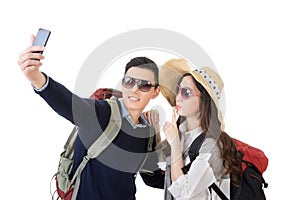 Asian young traveling couple selfie