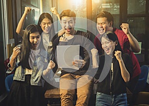 Asian younger freelance teamwork job successfull happiness emot
