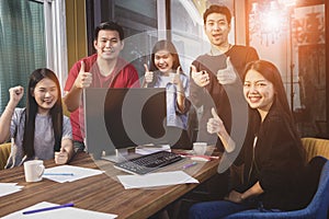 Asian younger freelance teamwork  job successfull happiness emotion