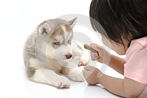 Asianboy feeding puppy