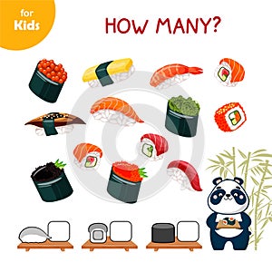 Asianfood. panda counts different types of sushi Mini game for kids, How many. Japanese cuisine