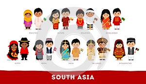 Asians in national clothes. South Asia. Set of cartoon character