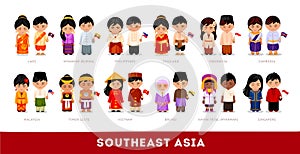Asians in national clothes. Southeast Asia. Set of cartoon chara