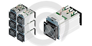 ASIC bitcoin miner and ASIC mining farm. Bitcoin mining. Antminer isometric view.Cryptocurrency mining equipment and
