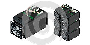 ASIC bitcoin miner and ASIC mining farm. Bitcoin mining equipment and hardware. Antminer isometric view.