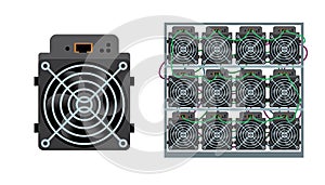 ASIC bitcoin miner and ASIC mining farm. Bitcoin mining. Cryptocurrency mining equipment and hardware flat vector