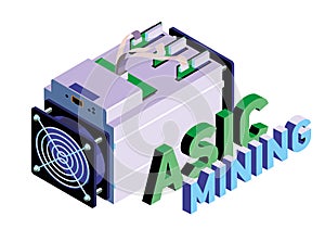 ASIC miner. ASIC mining vector illustration. Bitcoin mining. Application Specific Integrated Circuit. Antminer isometric