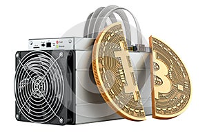 ASIC miner with bitcoin cut in half. Bitcoin halving, concept. 3D rendering