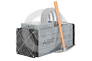ASIC miner with pickaxe, mining concept. 3D rendering