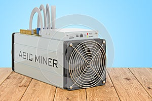 ASIC miner on the wooden planks, 3D rendering