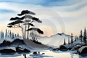 Asie landscape - Watercolor ink photo