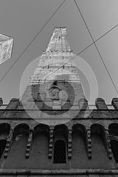 Asinelli Tower in Bologna in black and white showing historic stature photo