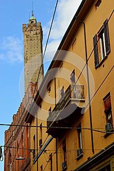 The Asinelli Tower street view, Bologna, Italy