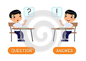 ASK and ANSWER antonyms word card vector template. Flashcard for english language learning. Opposites concept.