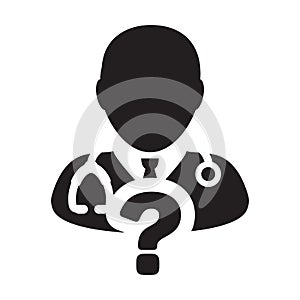 Ask a doctor icon vector male person profile avatar with question symbol for medical consultation in glyph pictogram