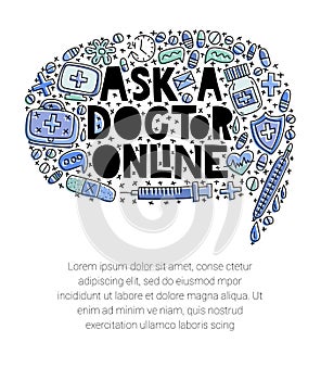 Ask a doctor online. Lettering doodle illustrations in speech bubble shape