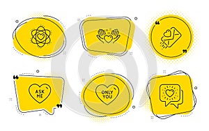 Ask me, Love letter and Hold heart icons set. Atom, Only you and Friends chat signs. Vector