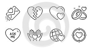 Ask me, Marriage rings and Love letter icons set. Hearts, Break up and Valentine target signs. Vector