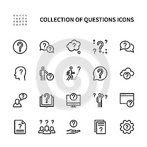 Ask questions vector linear icons set. Collection of questions for websites and mobile. Vector symbols set.