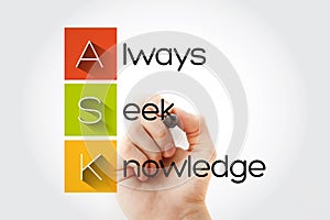 ASK - Always Seek Knowledge acronym, education business concept background