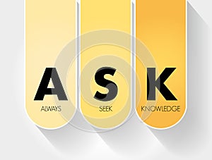 ASK - Always Seek Knowledge acronym, education business concept background