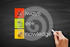 ASK - Always Seek Knowledge acronym, education business concept background on blackboard