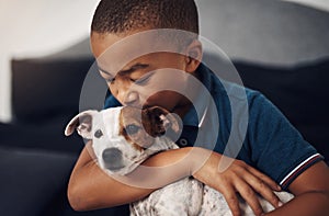 Asked for a brother, got a best friend instead. an adorable little boy playing with his pet dog on the bed at home. photo