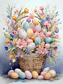 asket with easter eggs and spring flowers on a white background