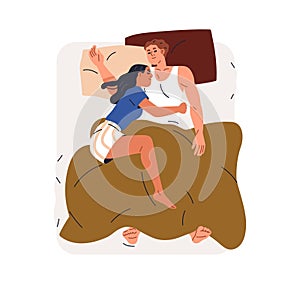 Asleep love couple in bed, top view. Woman sleeping, cuddling dreaming man with leg. Family, husband and wife, reposing