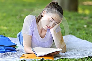 Asleep student trying to memorize notes in a park photo