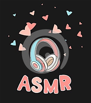 ASMR headphones  isolated logo, icon. Autonomous sensory meridian response illustration. Pink earphones and hearts