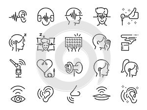 ASMR line icon set. Included icons as relax, relieve, sleep, sound, touch, feeling and more.