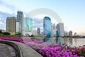 Asoke modern buildings of Bangkok city skyline, Thailand. Cityscape photography of Benchakitti Park at dusk