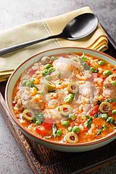 Asopao de Pollo is a deliciously hearty Puerto Rican chicken stew made with sofrito, adobo seasoning, and rice closeup on the bowl photo