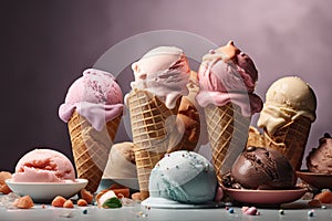 Asorted of ice cream scoops with cones. Colorful set of ice cream scoops of different flavours.