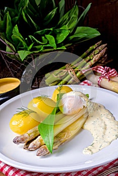 Asparagus with egg and fresh wild garlic