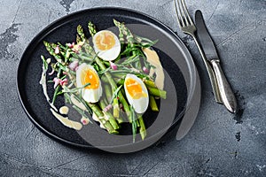 Asparagus with eggs and french dressing with dijon mustard, onion chopped in red vinegar  taragon on grey textured background,