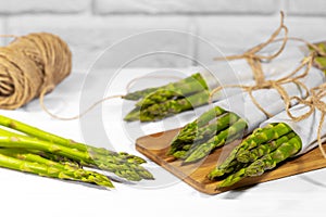 Asparagus, Fresh raw organic green Asparagus sprouts closeup, Healthy vegetarian food. Raw vegetables, market. Vegan