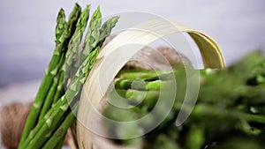 Asparagus, Fresh raw organic green Asparagus sprouts closeup, Healthy vegetarian food. Raw vegetables, market. Vegan