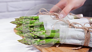 Asparagus, Fresh raw organic green Asparagus sprouts closeup, Healthy vegetarian food. Raw vegetables, market. Vegan