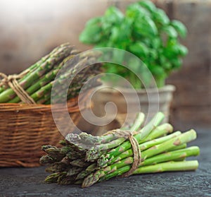 Asparagus. Fresh raw organic green Asparagus sprouts closeup. Over wooden table. Healthy vegetarian food. Raw vegetables