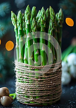 Asparagus is healthy vegetable. A green bush asparagus with twine on a table using dark colors