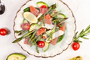 Asparagus salad, Salad bowl, Food recipe background. Close up