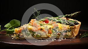 Asparagus and salmon quiche. Flaky crust envelops the filling of tender asparagus and savory salmon