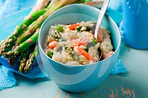 Asparagus and Shrimp Risotto in blue dish